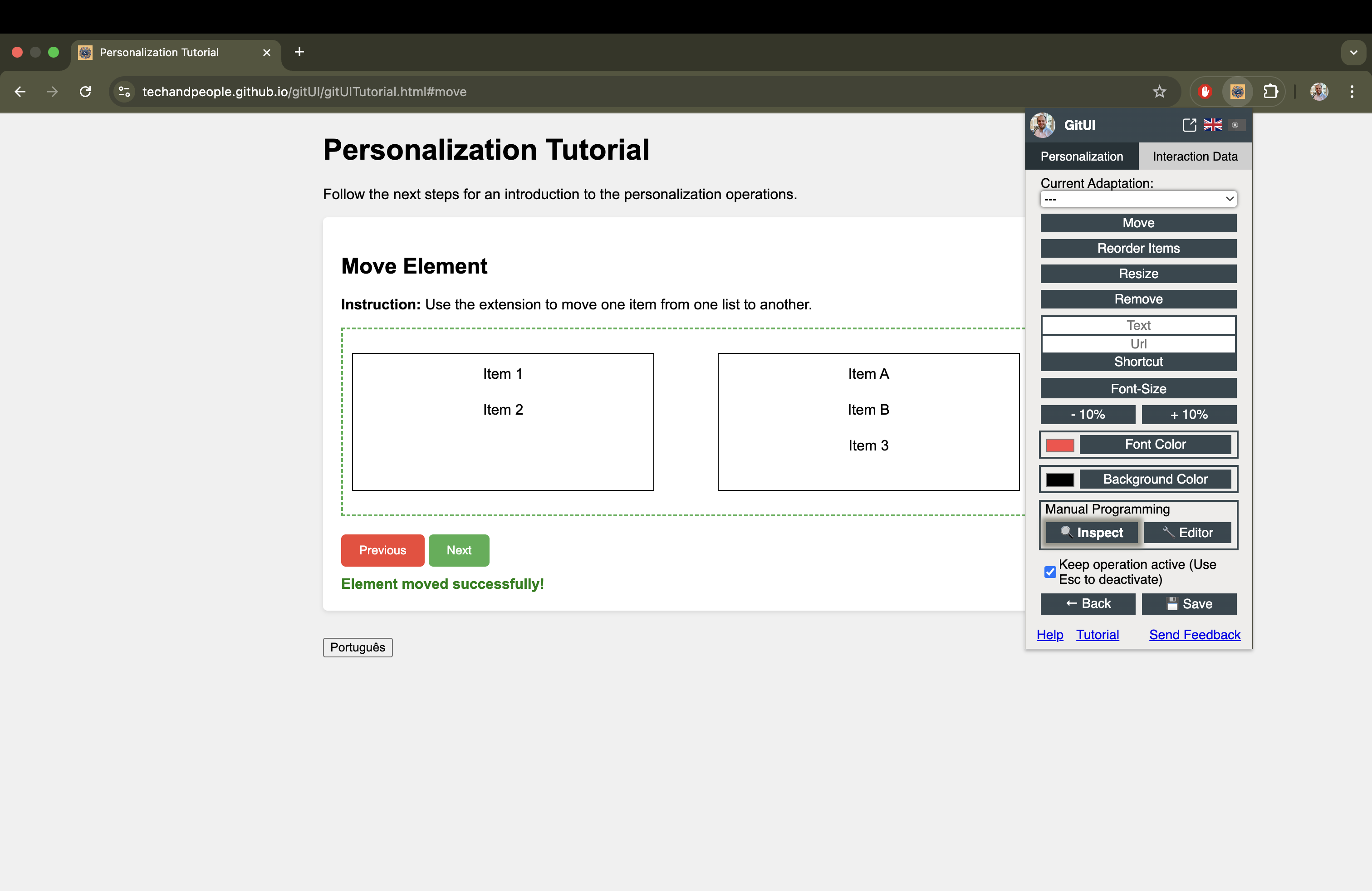 Chrome browser with an extension popup open. The popup has a title: gitUI. Next an option to change language and a profie picture. Next, two tabs: Personalization (active) and Interaction Data. The, from the top to the bottom: Move, Reorder Items, Resize, Remove, Shortcut, Font size, Font Color, Background Color, Inspect and Edit for advanced programming, and back and save.