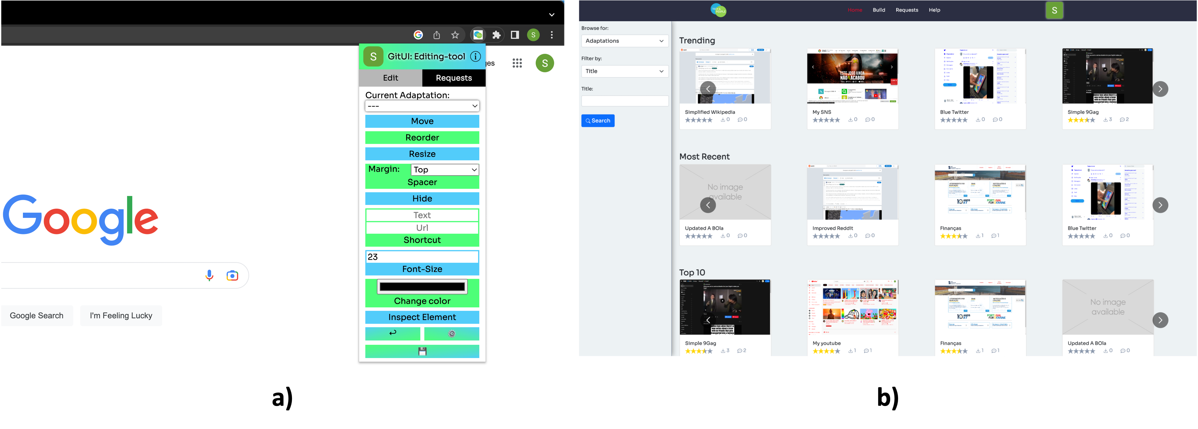 One the left (a): Google Chrome Browser with the google.com page open. On the top bar of the browser, the extension popup is open. From the top to the bottom: A title saying gitUI editing tool, and next to it an icon for more information; two tabs (Edit and Requests); a dropdown saying current adaptation; a button with the text move; a button with the text reorder; a button with the text resize; a button with the text spacer (and a dropdown to select the margin); a button with the text Hide; two inputs (one for text, other for URL) followed by a button with the text shortcut; an input with a value of 23 followed by a button with the text Font-size; a colour input (black) followed by a button with the text Change Color; a button with the text Inspect element; two buttons (one back arrow on the left, and a settings icon on the right); and a save icon. On the right (b): an webpage. The top menu: Home, build, requests, help, sign-in. The left sidebar: Browse for, filter for, title. At the center, three rows of cardboxs: trending, top 10, and most recent. Each card contains a title, starts, and a comments and download icon.