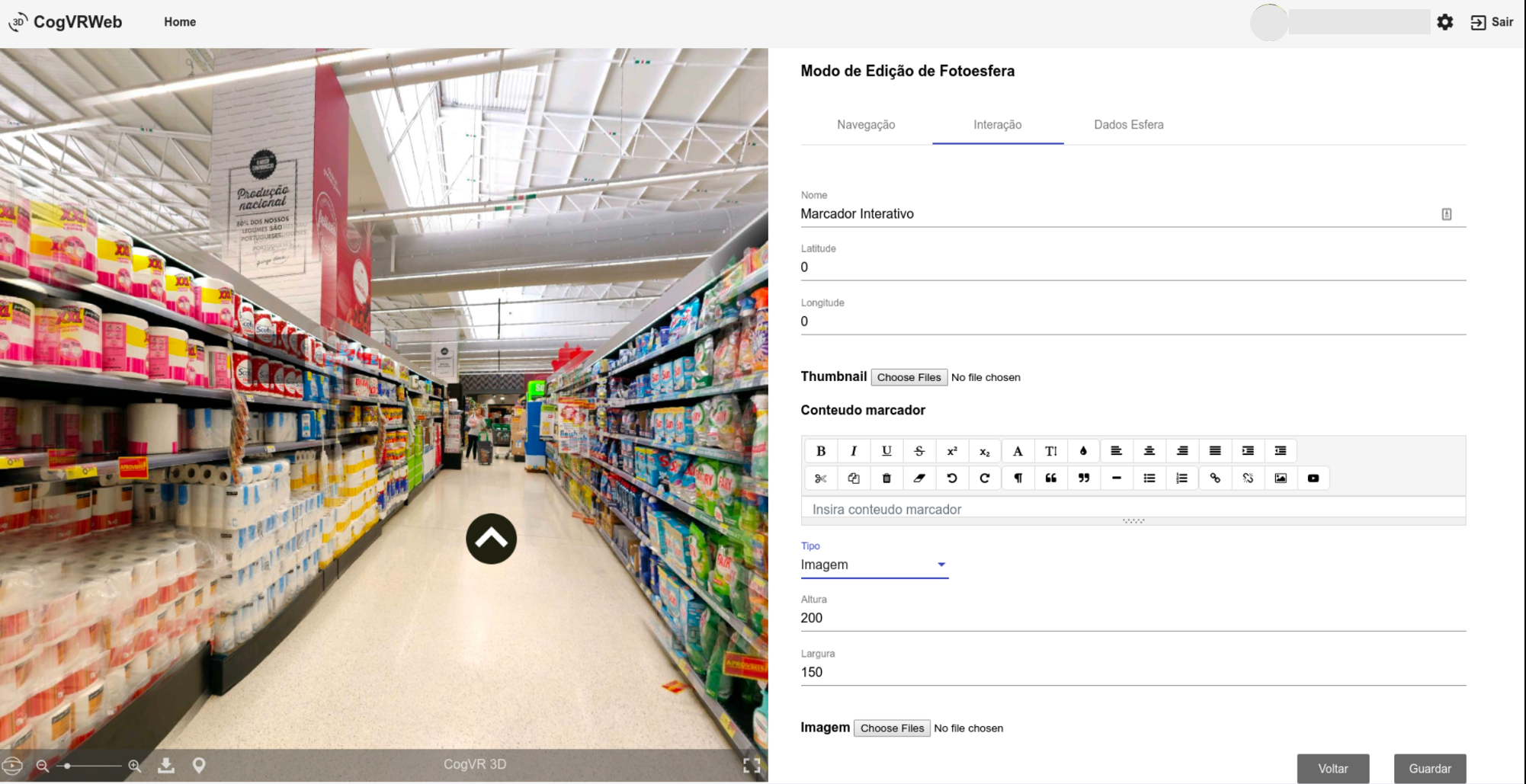 The myView editing web application showing a picture of a supermarket corridor and an editing form.