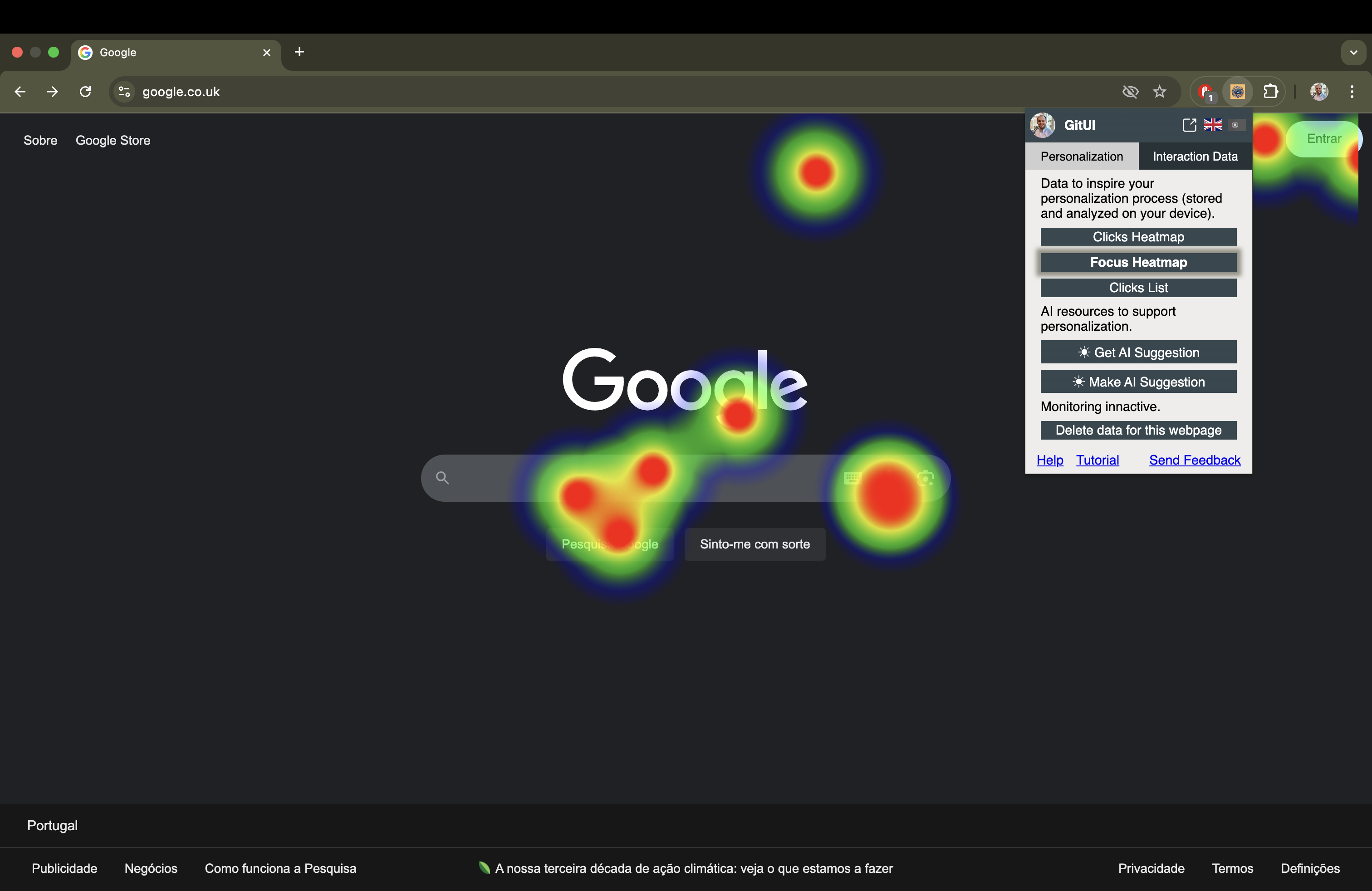 An heatmap with different colors overlays google.com
