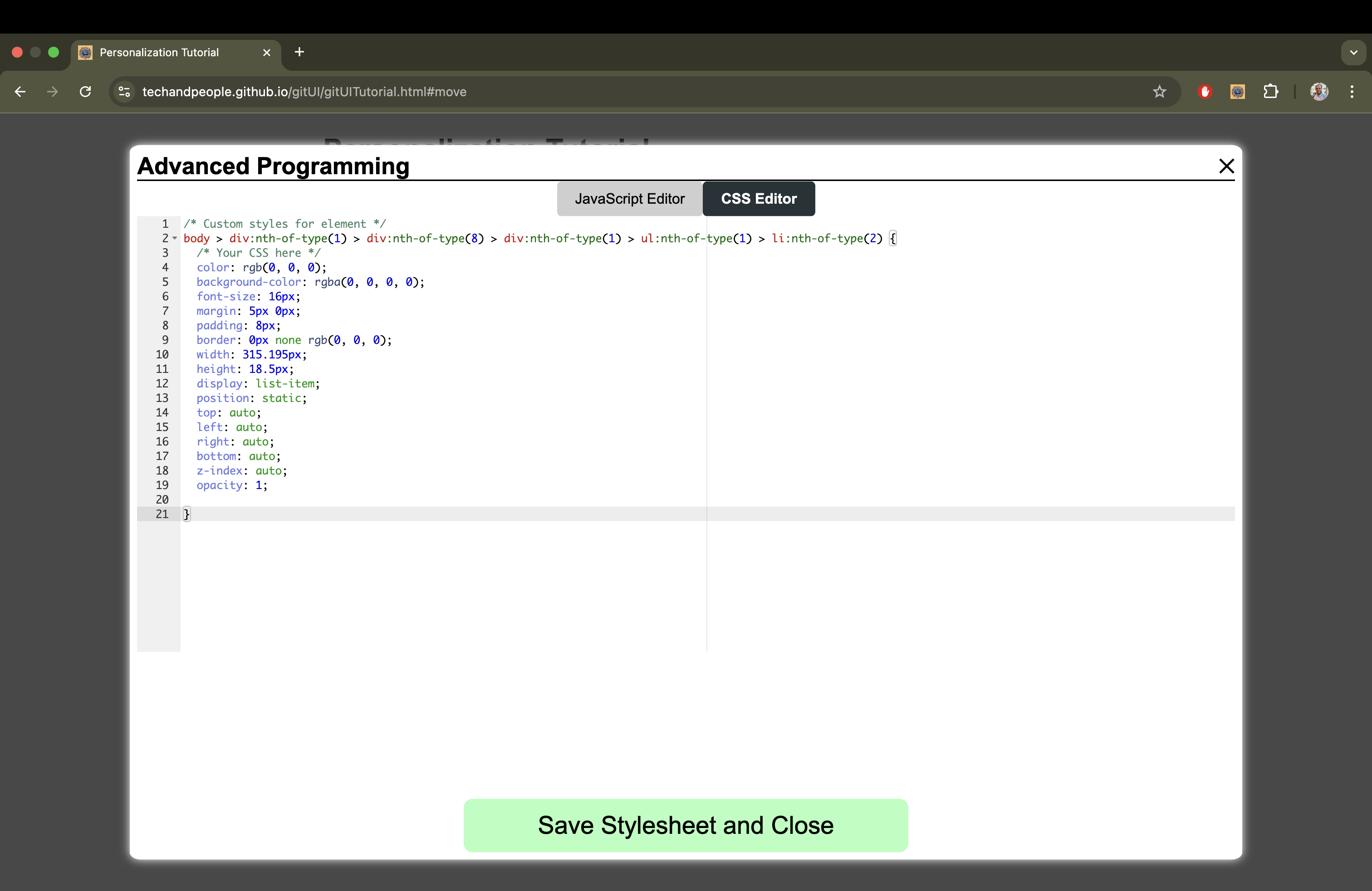 The model of Advanced Programing open with CSS code editor.